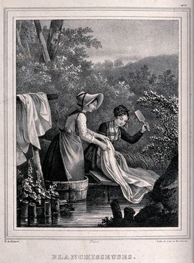 Two woman of Bordeaux washing clothes in a river; one is holding the sheet while the other beats it with a wooden paddle. Lithograph by Légé after G. de Galard.