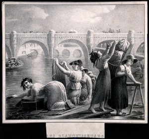 view A group of women are washing clothes in the river. Lithograph.