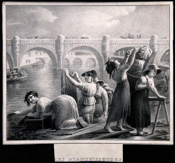 A group of women are washing clothes in the river. Lithograph.