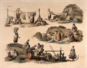 view Women washing clothes, hanging it on lines, and folding sheets. Coloured etching by W.H. Pyne, 1802.