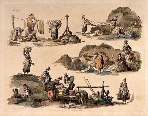 Women washing clothes, hanging it on lines, and folding sheets. Coloured etching by W.H. Pyne, 1802.