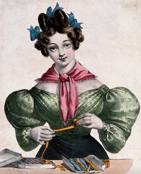 A woman is unreeling ribbon to wind it on to cards. Coloured lithograph by Charles Philipon.