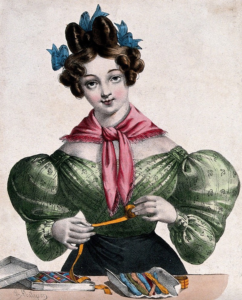A woman is unreeling ribbon to wind it on to cards. Coloured lithograph by Charles Philipon., by Charles Philipon