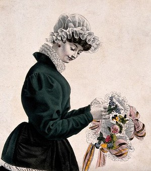view A woman is tying ribbon and lace around a posy of flowers. Coloured lithograph by Charles Philipon.