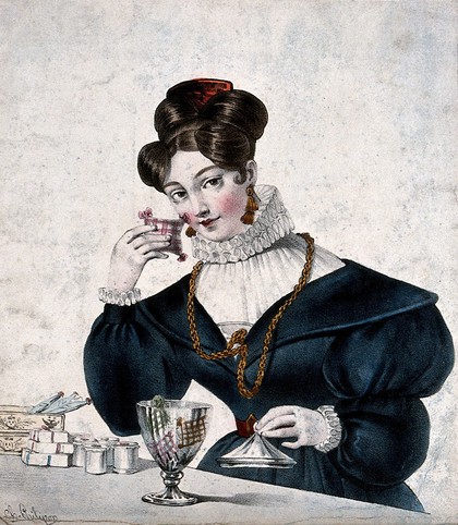 A woman perfume-seller holds a small lavender bag up to her face. Coloured lithograph by Joséphine-Clémence Formentin after Charles Philipon, 1828.