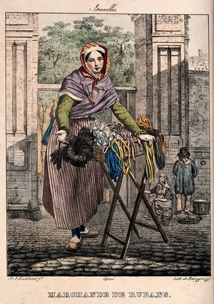 view A woman selling ribbons in Brussels has set up her stall in the street. Coloured lithograph by G.P. van den Burggraaff after J.J. Eeckhout.