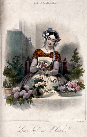 view A woman making up posies and baskets of flowers for sale. Coloured lithograph by C. Regnier after Guérard.