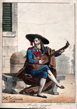 view A Spanish barber playing the guitar. Coloured lithograph by C. de Lasteyrie after Hippolyte Lecomte.