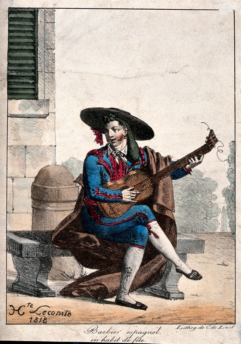 A Spanish barber playing the guitar. Coloured lithograph by C. de Lasteyrie after Hippolyte Lecomte., by Hippolyte Lecomte