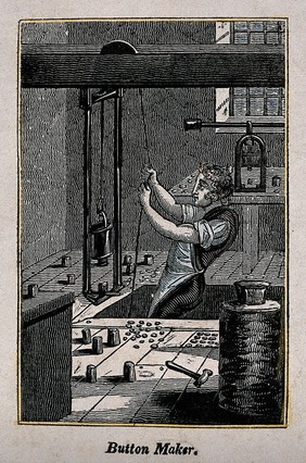 A man is using a heavy weight on a pulley system to stamp out buttons. Wood engraving.