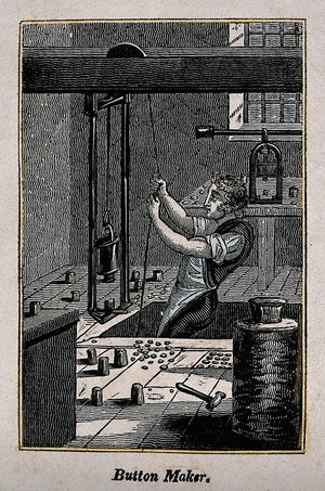 view A man is using a heavy weight on a pulley system to stamp out buttons. Wood engraving.