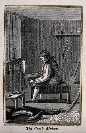 view A man is sitting on a bench making combs. Wood engraving.