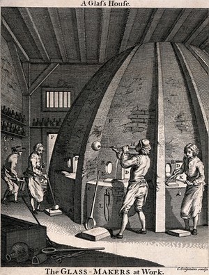 view Men are blowing glass and shaping it in a glass house. Engraving by C. Grignion.