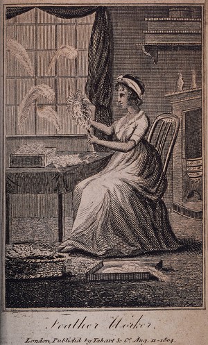 view A woman sits working with baskets and boxes of feathers. Etching.