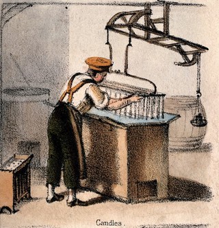 A man is making candles. Coloured lithograph.