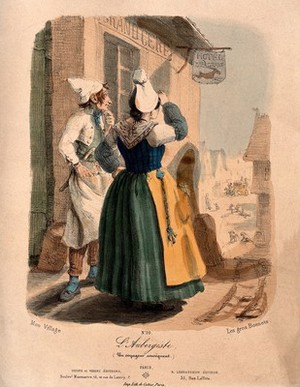 view A woman inn-keeper and her cook stand outside the hotel watching the arrival of a coach in the high street. Coloured lithograph by A.J.L. Jazet, 1843.