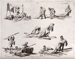 view Sail makers cut and stretch out sailcloth, hang it up and fit it to masts. Etching by W. H. Pyne, 1802.