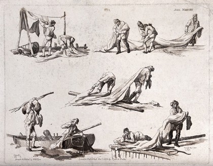 Sail makers cut and stretch out sailcloth, hang it up and fit it to masts. Etching by W. H. Pyne, 1802.