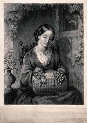 view A woman sitting on a chair making lace on a lace-pillow. Engraving by Thomas Sherratt after A.J. Woolmer.