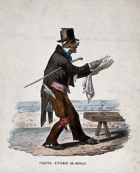 A man is selling newspapers on the pier. Coloured lithograph.