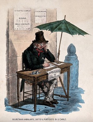 view A public letter-writer in Naples sits at a desk shaded by an umbrella. Coloured lithograph by G. Lenghi.