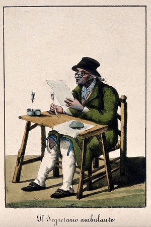 view A public letter-writer sits at a desk reading from the paper he has written on with his quill pen. Coloured lithograph.