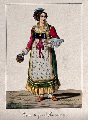 A woman is holding a basket with money in it and sheets of music on her arm. Coloured lithograph.