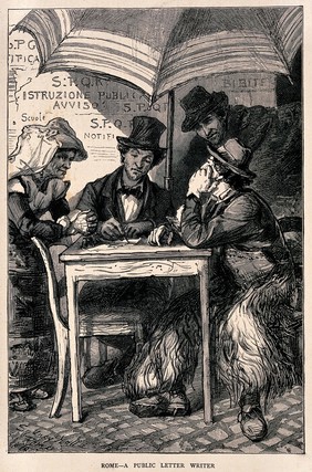 A man sits at a table under a large umbrella with people watching him as he writes a letter. Wood engraving.