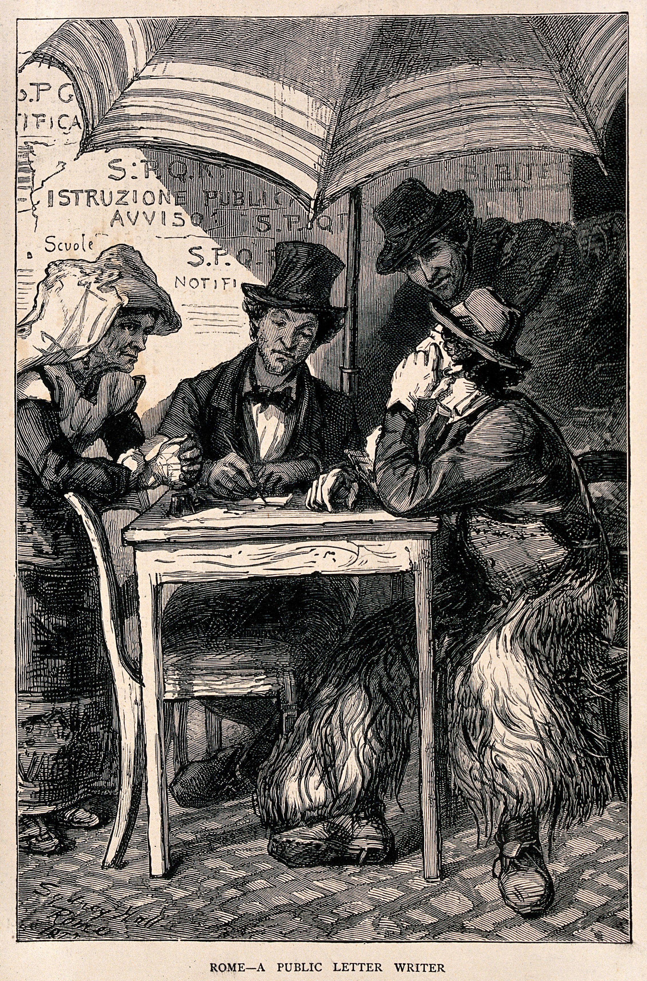 A Man Sits At A Table Under A Large Umbrella With People Watching Him As He Writes A Letter Wood Engraving Wellcome Collection