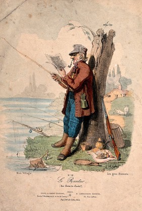 A landlord, while fishing, reads property advertisements in the newspaper and exclaims at the levels of rent being asked. Coloured lithograph by A.J.L. Jazet, 1843.