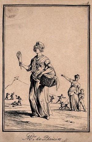 view A young woman is selling wafer-cones from her basket. Etching by J. Duplessi-Bertaux.