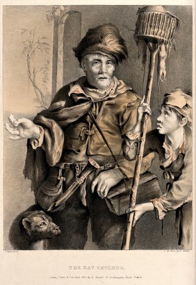 A rat-catcher, carrying a box over his shoulder, is accompanied by a boy holding a cage on a long stick with rats in it. Coloured lithograph by F. Sexton, 1835, after C. Visscher.