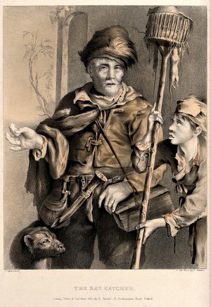 view A rat-catcher, carrying a box over his shoulder, is accompanied by a boy holding a cage on a long stick with rats in it. Coloured lithograph by F. Sexton, 1835, after C. Visscher.