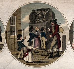 view Children are crowding around a man with a large box which has a cylinder on the top with an animal with a large tail in it. Coloured etching.