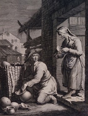 A woman is looking at the pot the man has given to her to examine, he takes others from his basket hoping she might buy. Engraving by G. Volpato after F. Maggiotto.