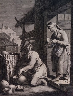 view A woman is looking at the pot the man has given to her to examine, he takes others from his basket hoping she might buy. Engraving by G. Volpato after F. Maggiotto.