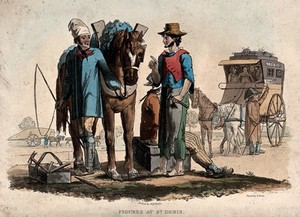 view A farrier at Saint-Denis is talking to a countryman as he shoes his horse; people are about to set off for Paris in a horse-drawn carriage. Coloured etching by R.B Peake and aquatint by R. Havell.