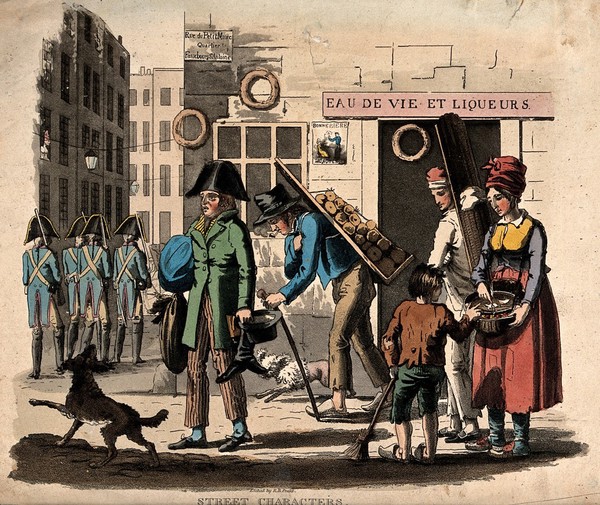 Rue du Petit Musc, Paris: street vendors outside a liquor shop;a group of soldiers walk down the street on the left, while a boy wearing clogs sweeps the street. Coloured aquatint by R.B. Peake.