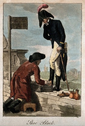 A soldier stands on a wall as a man cleans his boots. Coloured etching.