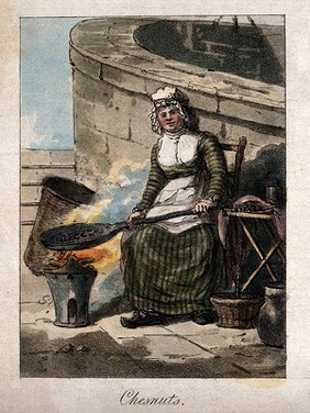 A woman holds a pan of chestnuts over a blazing brazier. Coloured etching.