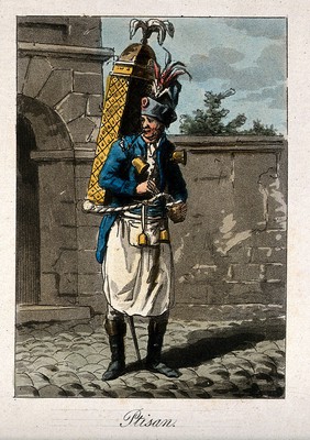 A water seller carries a large container on his back with cups attached. Coloured etching.