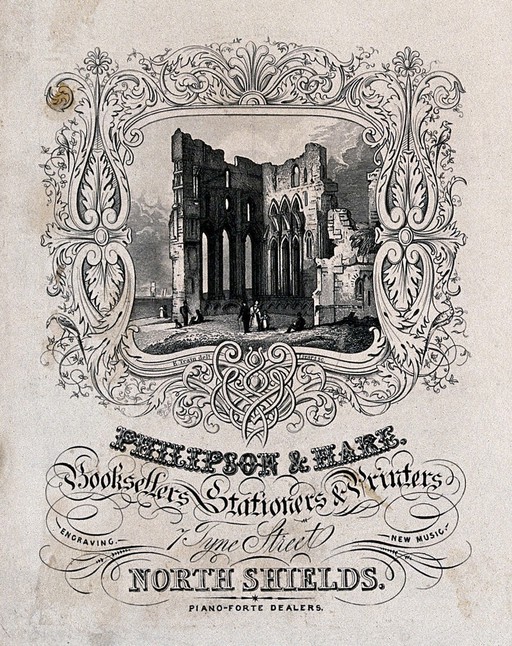 A ruined abbey, with an ornate border. Engraving by Lizars after E. Train.