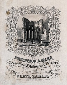 Tynemouth Abbey, with an elaborate border and engraved lettering; advertising the engraving and other services of Philipson & Hare. Engraving by W.H. Lizars after E. Train.