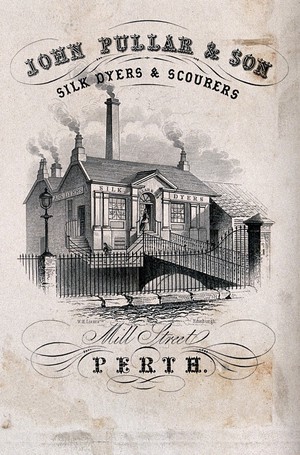 view A silk dyeing factory with smoking chimneys; advertising John Pullar & Son, silk dyer and scourer at Perth, Scotland. Engraving by W.H. Lizars.