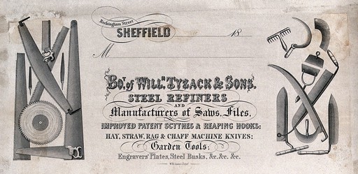 Steel saws, scythes, and other edged implements in steel. Engraving.