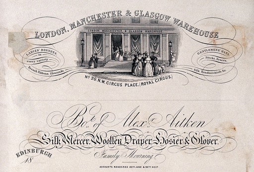 Women enter a large shop, some gather outside. Engraving.