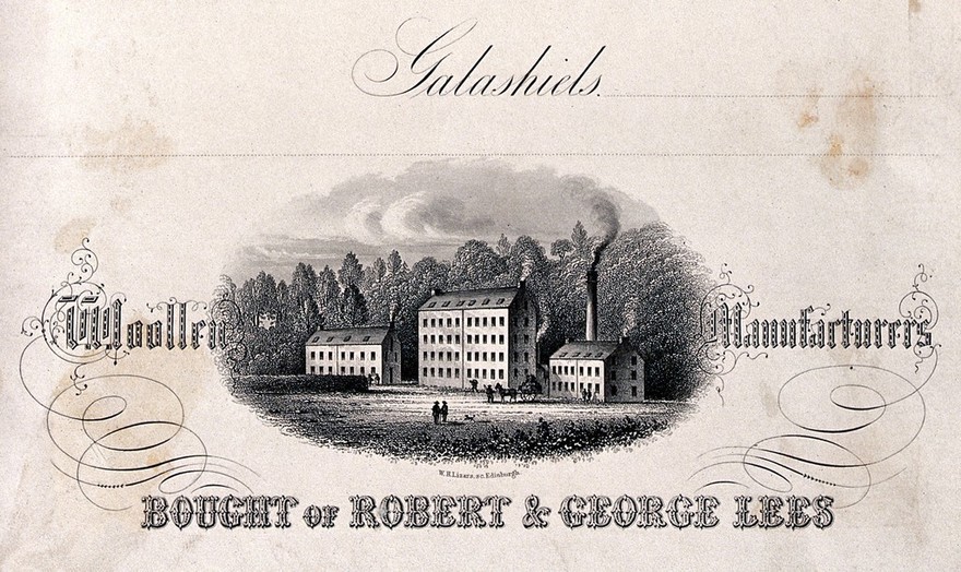 The factories of Lees' woollen manufacturers, Galashiels. Engraving by W.H. Lizars.