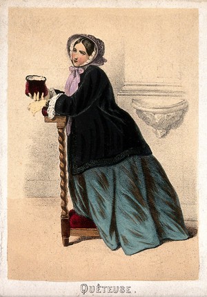 view A woman kneels in a church with a collecting purse in her hand. Coloured lithograph.