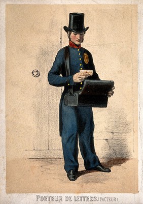 A postman examines the letters in his case. Coloured lithograph.