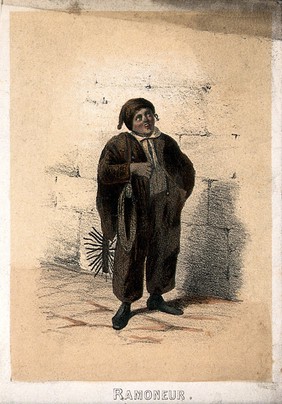 A small boy stands with a rope and a chimney brush over his shoulder. Coloured lithograph.